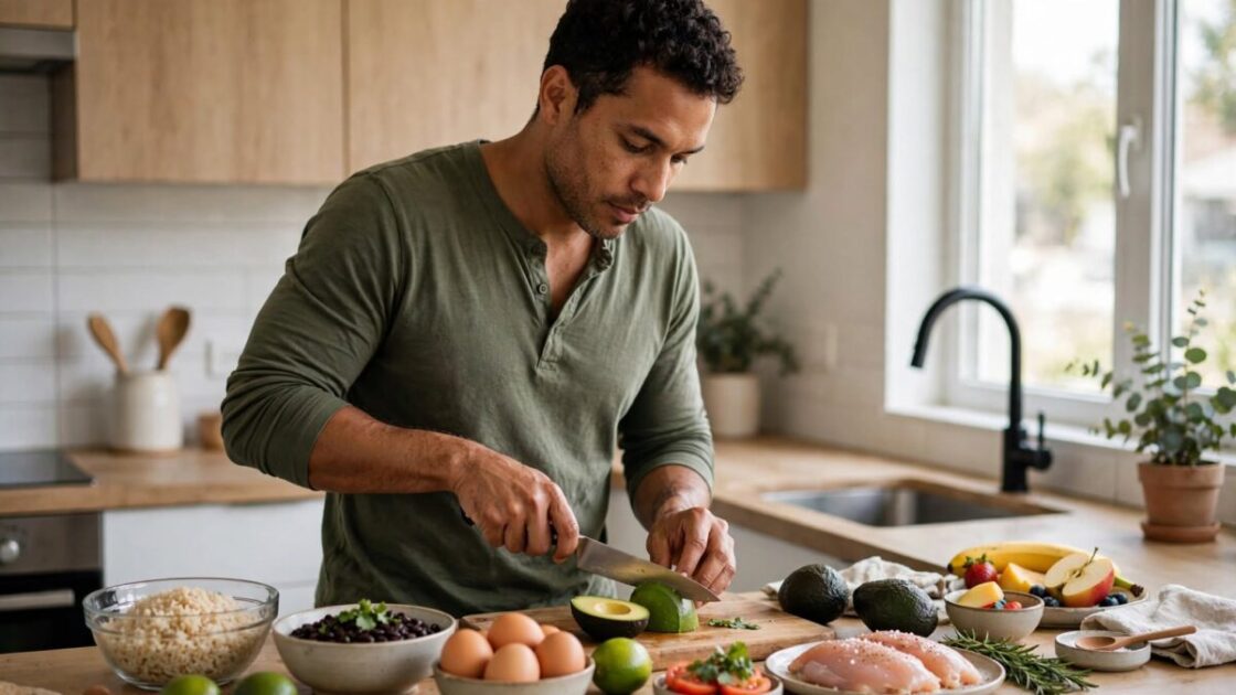 Hombre preparando una comida equilibrada para ganar músculo