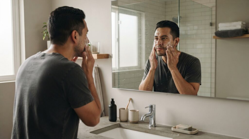 Hombre realizando una rutina de limpieza facial