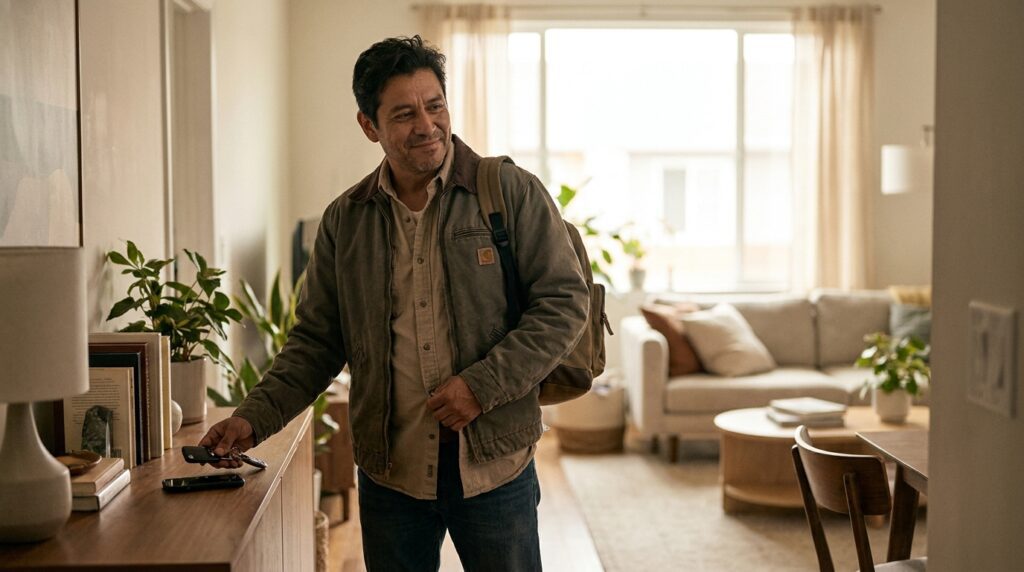 Hombre latino llegando a casa después del trabajo y preparándose para relajarse