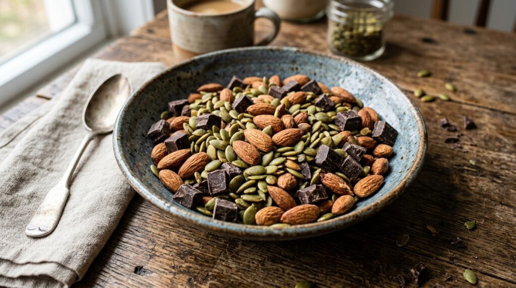 Alimentos densos ricos en magnesio y zinc esenciales para el descanso nocturno masculino.