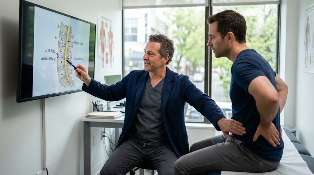 Doctor realizando un examen físico en la zona lumbar a un paciente masculino.