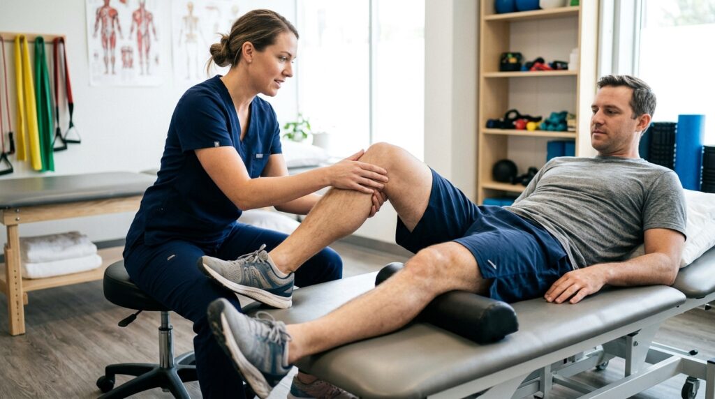 Fisioterapeuta realizando pruebas de movilidad y palpación en la rodilla de un paciente masculino.