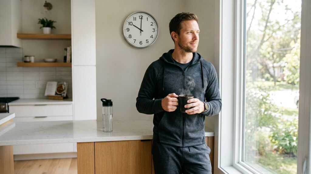 Hombre atlético sosteniendo una taza de café negro en una cocina moderna por la mañana, ilustrando el protocolo de ayuno intermitente para hombres.