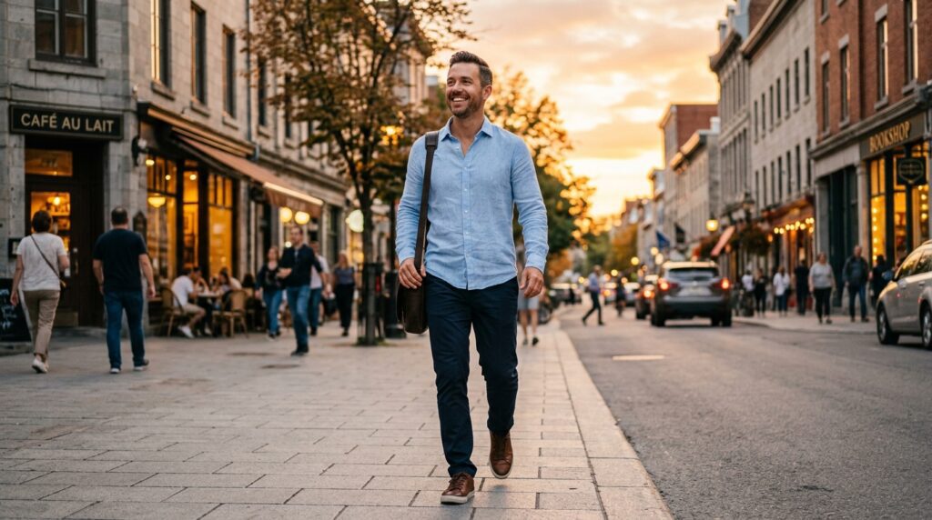 Hombre con aspecto vital y saludable caminando por la ciudad, representando los beneficios de una energía estable gracias al ayuno intermitente.