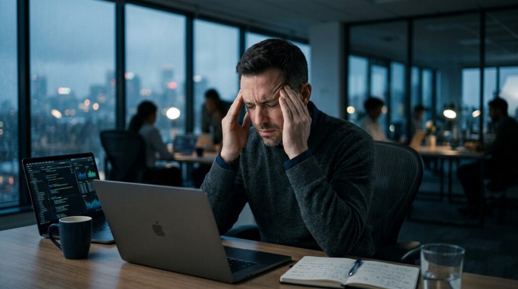 Hombre profesional reflexionando frente a su escritorio con claridad mental y enfoque.