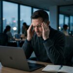 Hombre de unos 34 años con las manos en las sienes frente a su laptop, representando la frustración por la niebla mental masculina en su oficina.