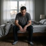 Hombre de unos 35 años sentado con expresión de cansancio al borde de su cama por la mañana, ilustrando la fatiga crónica masculina a pesar de dormir.