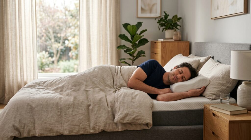 Hombre descansando en un colchón ergonómico manteniendo una buena postura lumbar.