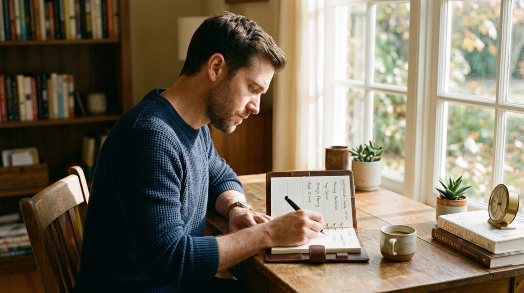 Hombre escribiendo sus tareas diarias en una agenda de papel bajo la luz del sol matutina, mostrando el hábito de enfoque sin pantallas.
