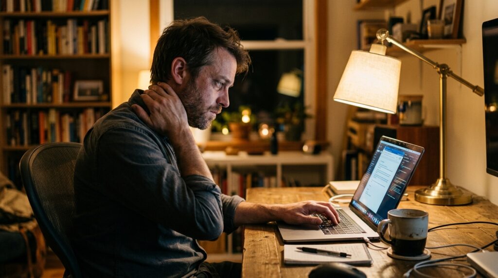 Hombre estresado trabajando frente a su computadora en su oficina en casa, mostrando los efectos de la sobrecarga cognitiva en el eje HPA.