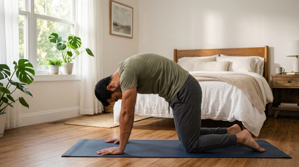 Hombre realizando estiramientos suaves de columna en el dormitorio para aliviar la rigidez matutina.