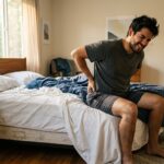 Hombre sintiendo dolor lumbar al despertarse por la mañana sentado en la cama.