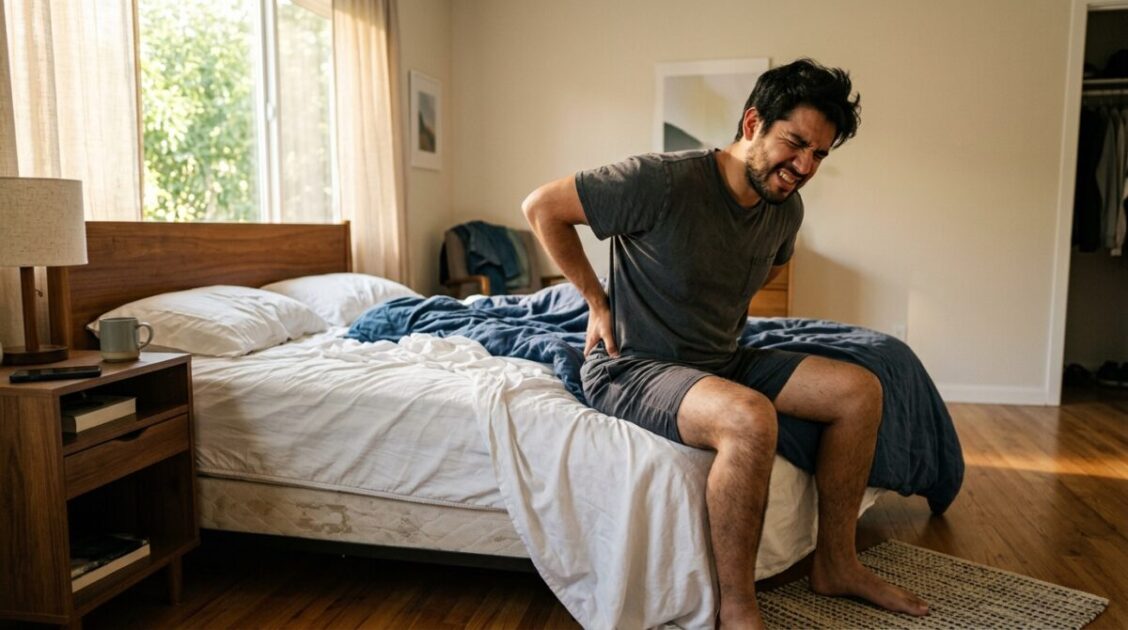 Hombre sintiendo dolor lumbar al despertarse por la mañana sentado en la cama.