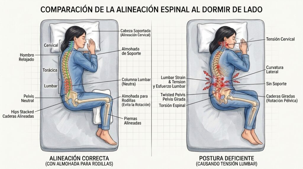 Ilustración médica mostrando la alineación de la columna vertebral y postura correcta al dormir.