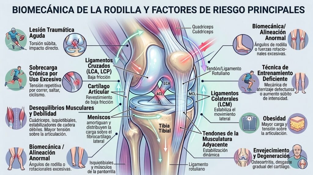 Ilustración médica tridimensional de la articulación de la rodilla mostrando el cartílago, tendones y ligamentos.