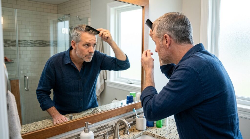 Inspección de la salud capilar y del cabello masculino peinado después del tratamiento.