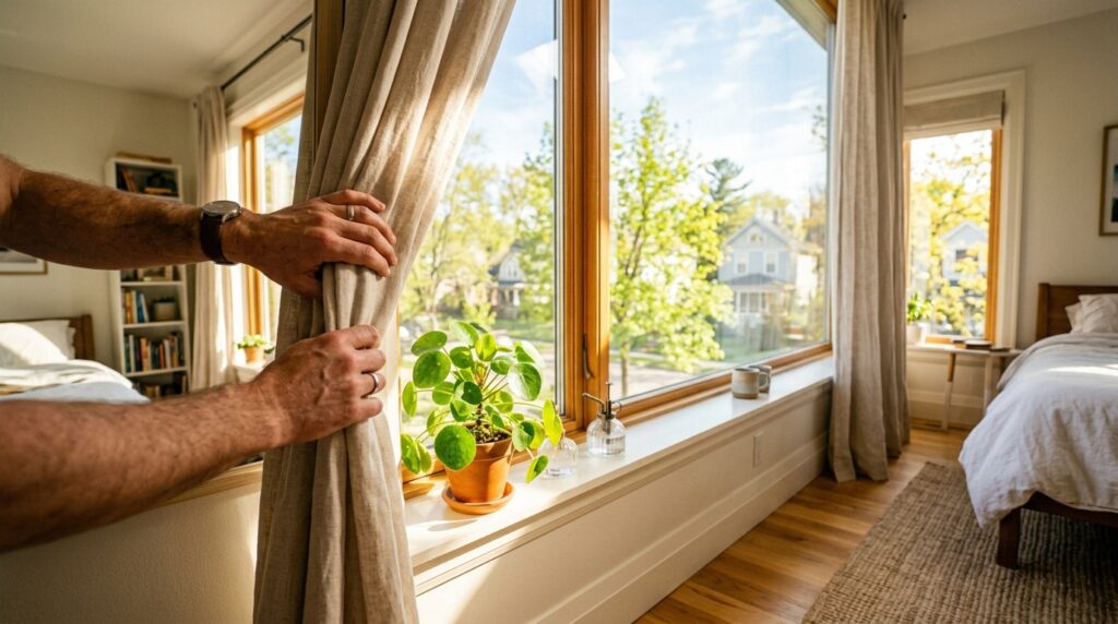 Manos abriendo las cortinas de una ventana para dejar entrar la luz solar matutina, representando el paso para resetear el reloj biológico.