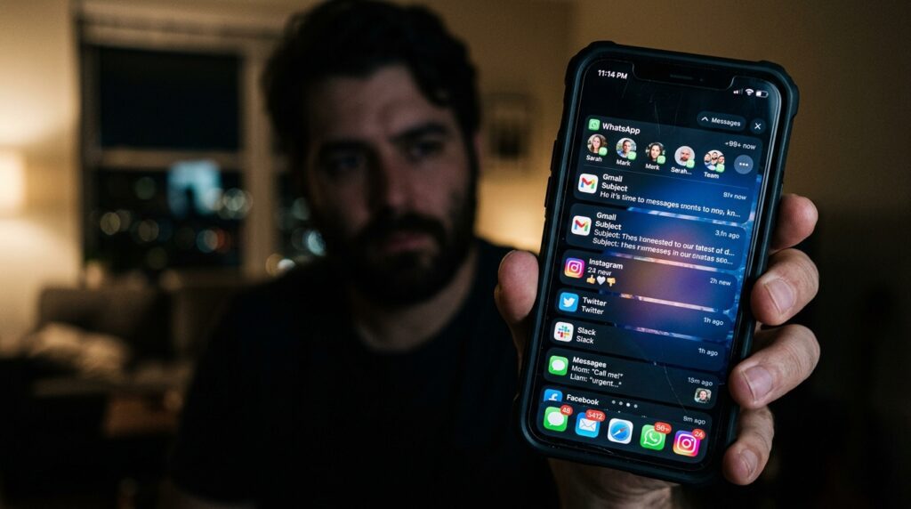 Pantalla de un teléfono inteligente llena de notificaciones brillantes con un fondo oscuro, ejemplificando el origen de la fatiga digital diaria.