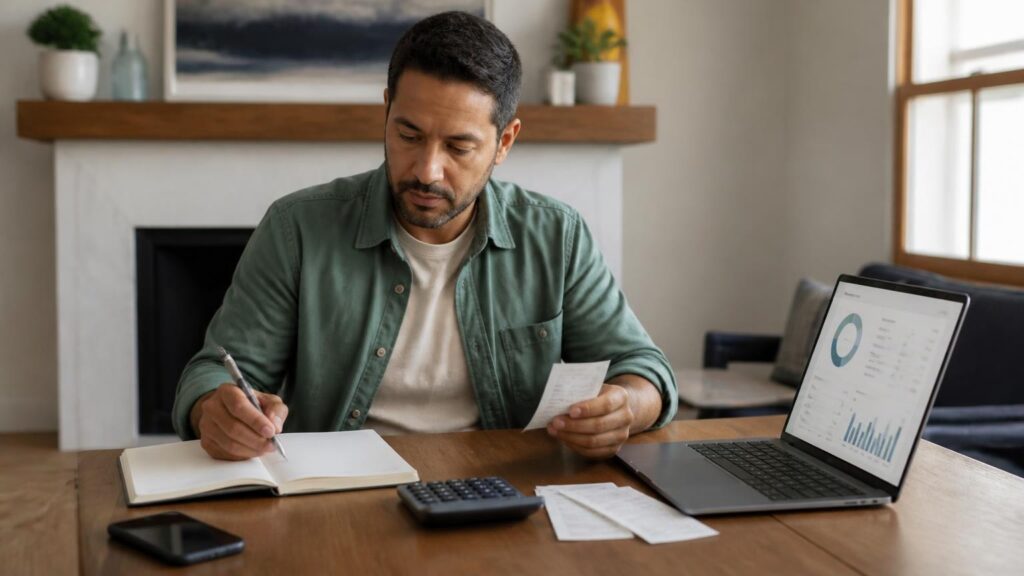Hombre organizando sus finanzas después de perder el empleo