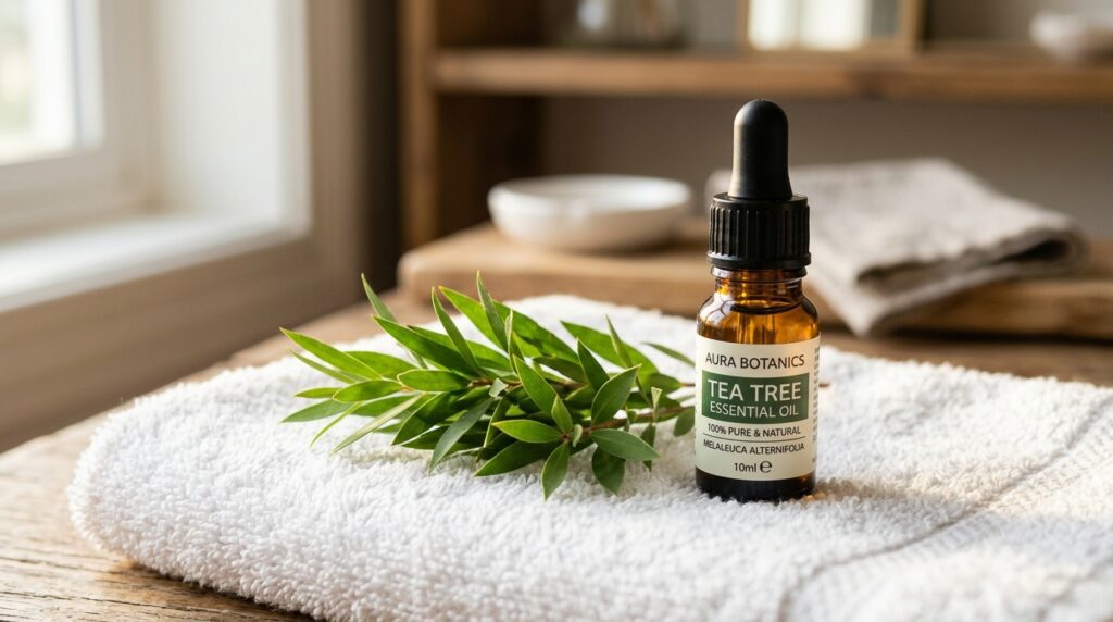 Aceite esencial de árbol de té natural con propiedades antimicrobianas para el cuero cabelludo.