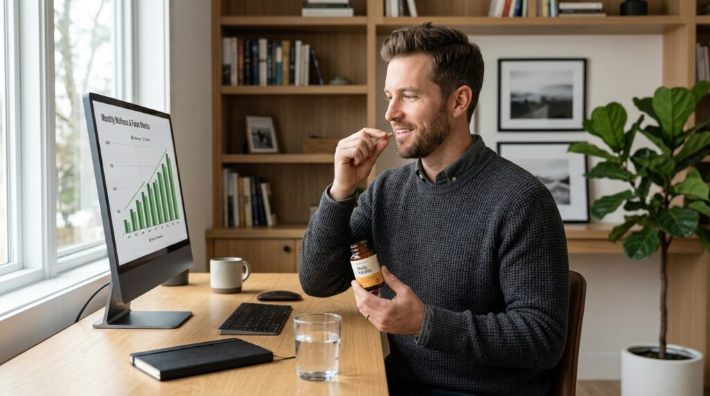 Un hombre mayor de 30 años en su oficina en casa tomando sus suplementos diarios, representando la conclusión del artículo sobre una base inteligente de salud masculina.