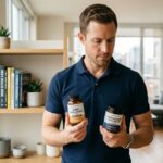 Un hombre mayor de 30 años examina botellas de suplementos de zinc y magnesio en su hogar moderno, ilustrando el artículo sobre suplementos esenciales masculinos.