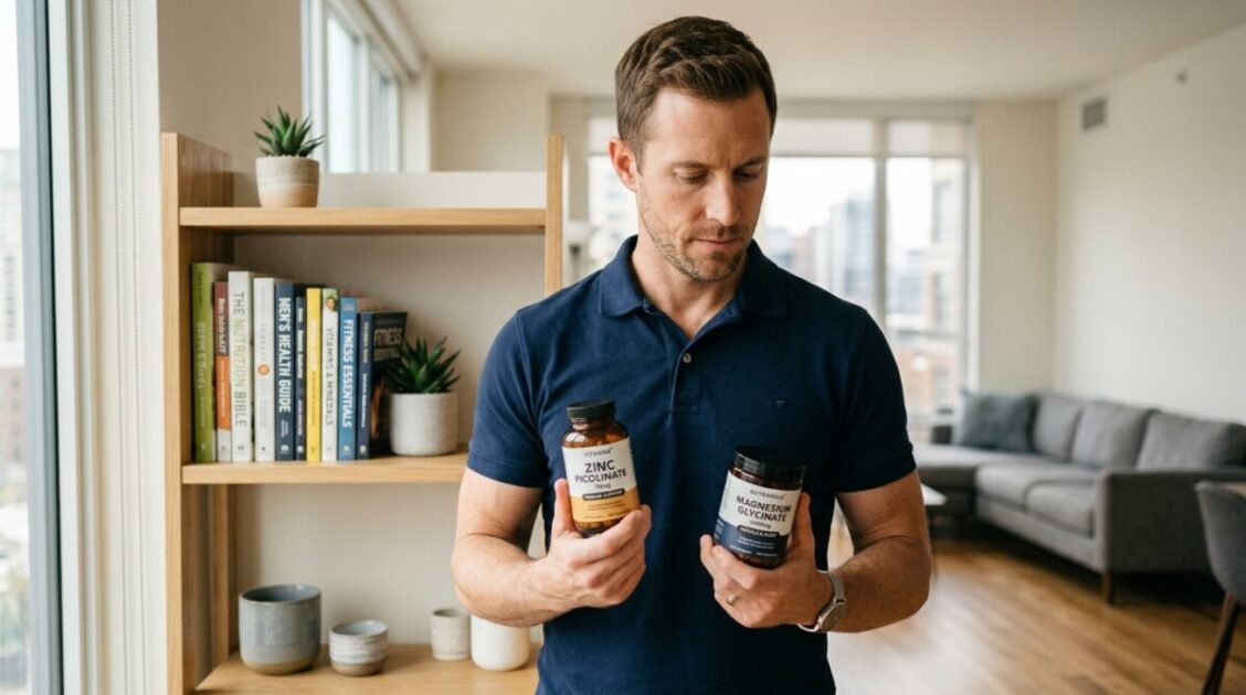 Un hombre mayor de 30 años examina botellas de suplementos de zinc y magnesio en su hogar moderno, ilustrando el artículo sobre suplementos esenciales masculinos.