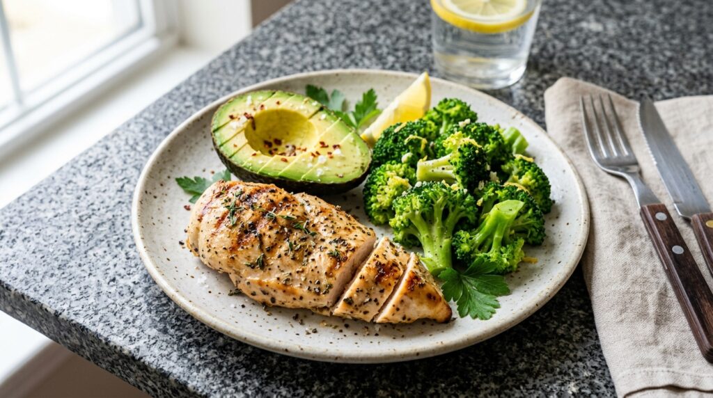 Un plato con pollo a la parrilla, aguacate y brócoli, mostrando una comida densa en proteínas para romper el ayuno correctamente.