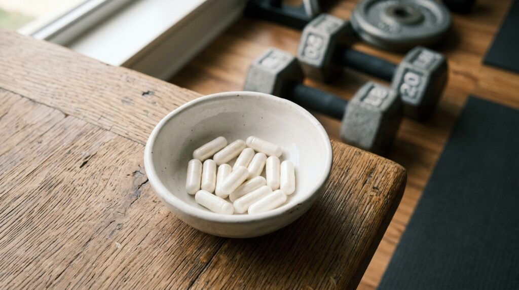 Primer plano de cápsulas de zinc en un bol de cerámica sobre madera, en la sección que explica los beneficios del zinc para la salud hormonal masculina.