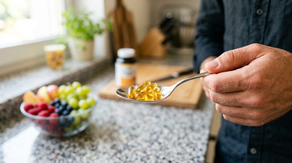Cápsulas de Omega-3 en una cuchara de metal sobre una cocina moderna, en la sección que detalla sus beneficios para el corazón