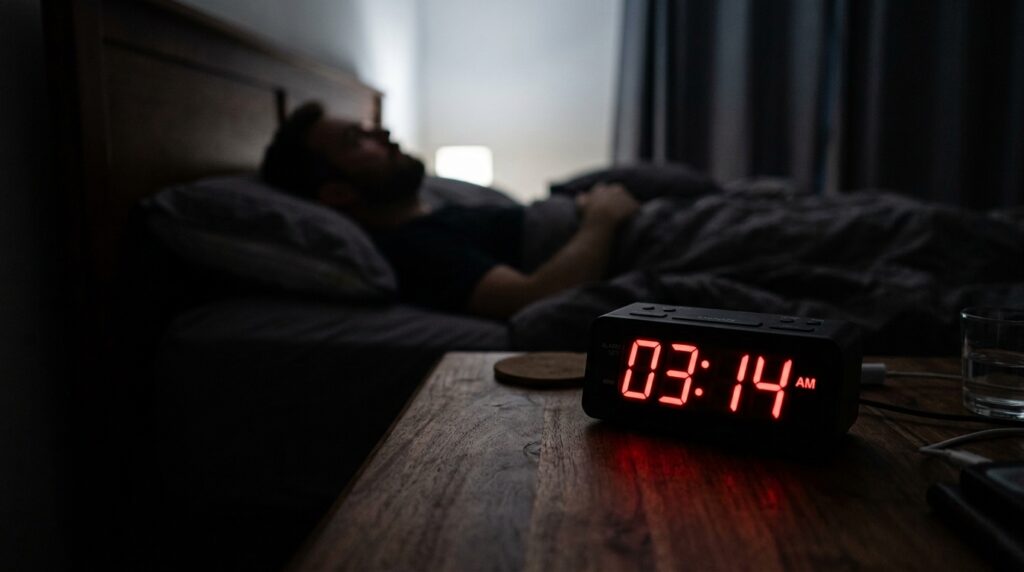 Un reloj digital marcando las tres de la mañana con un hombre despierto de fondo en la penumbra, representando el sueño fragmentado