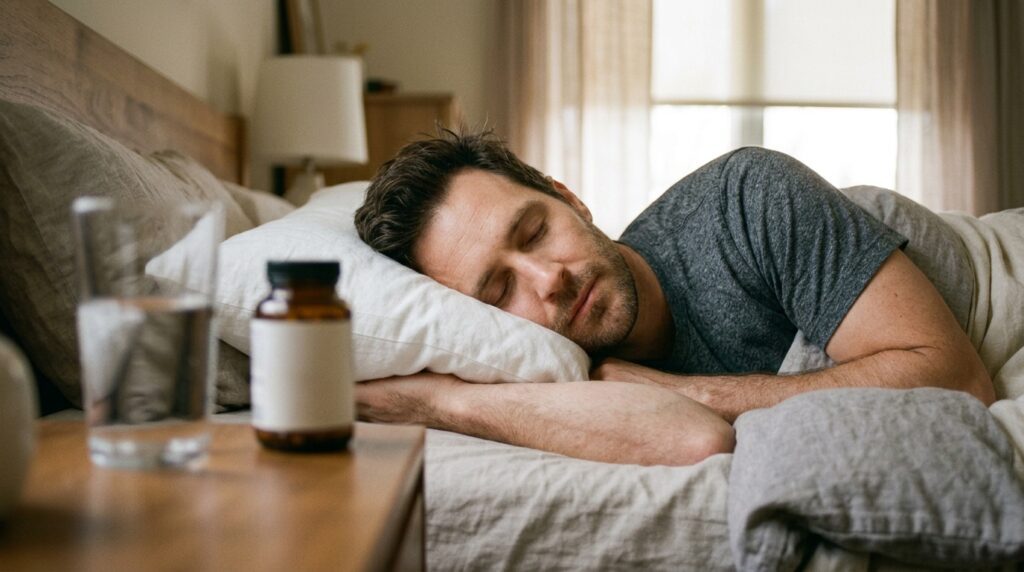Un hombre mayor de 30 años durmiendo relajado en su cama con luz natural, ejemplificando el beneficio del magnesio para el descanso profundo. (Imagen Interna).