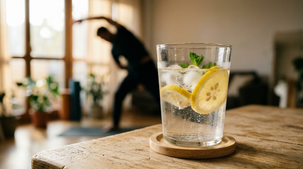 Un vaso de agua con limón sobre una mesa de madera con un fondo desenfocado, representando la hidratación limpia durante la ventana de ayuno.