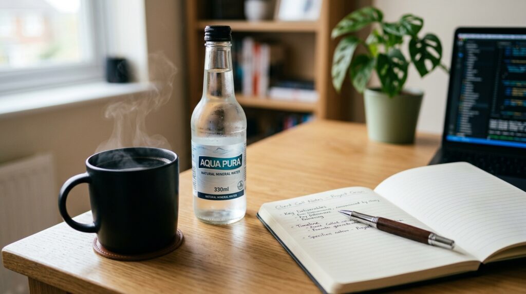 Una taza de café negro y una botella de agua mineral sobre un escritorio ordenado, ilustrando la hidratación estratégica para el cerebro.