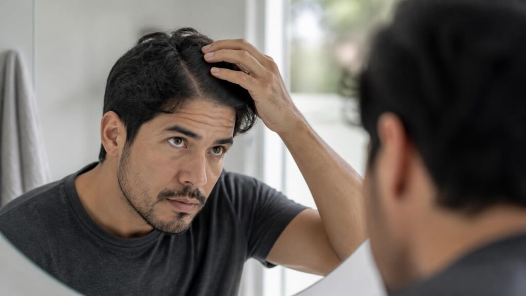 Hombre observando su cuero cabelludo para identificar signos de caspa