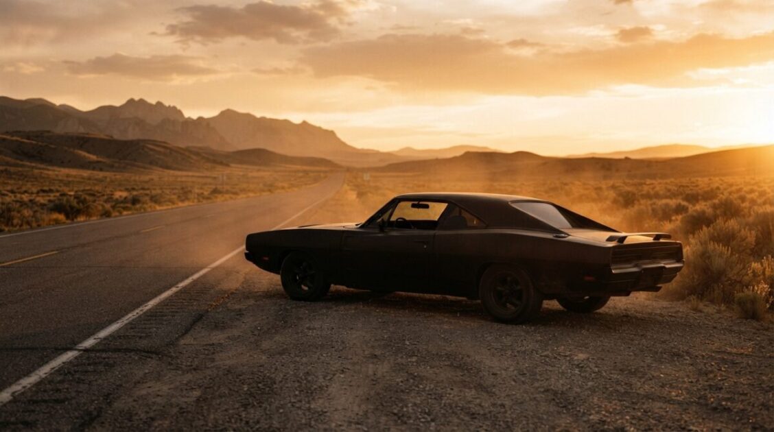 Auto deportivo americano tipo muscle car en carretera abierta al atardecer