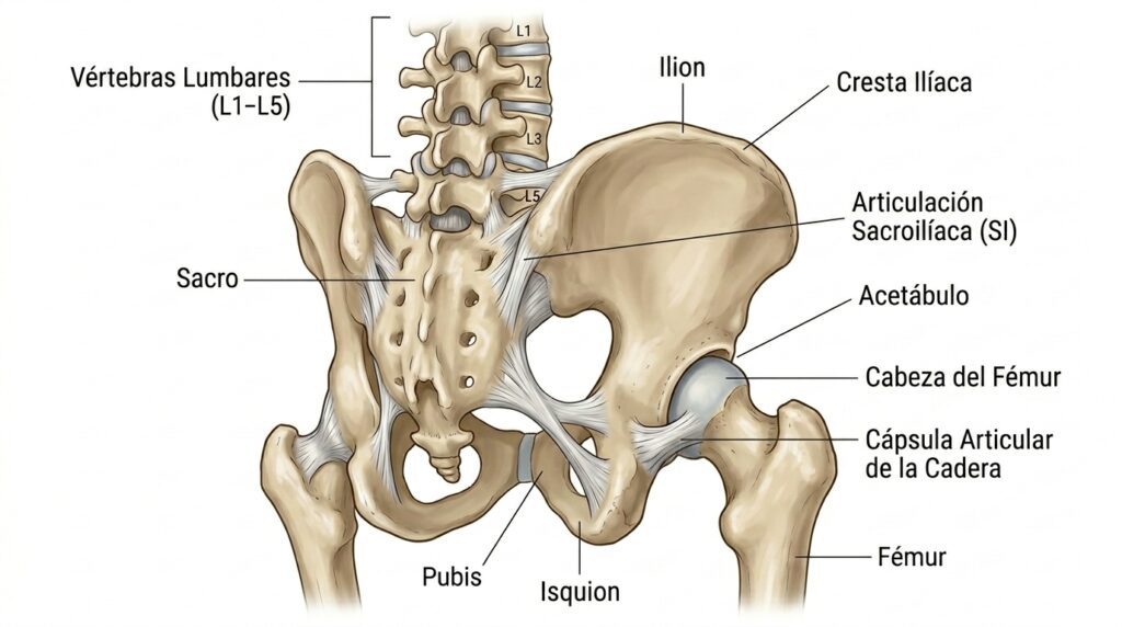 Conexión anatómica entre la columna lumbar, la pelvis y la articulación de la cadera.