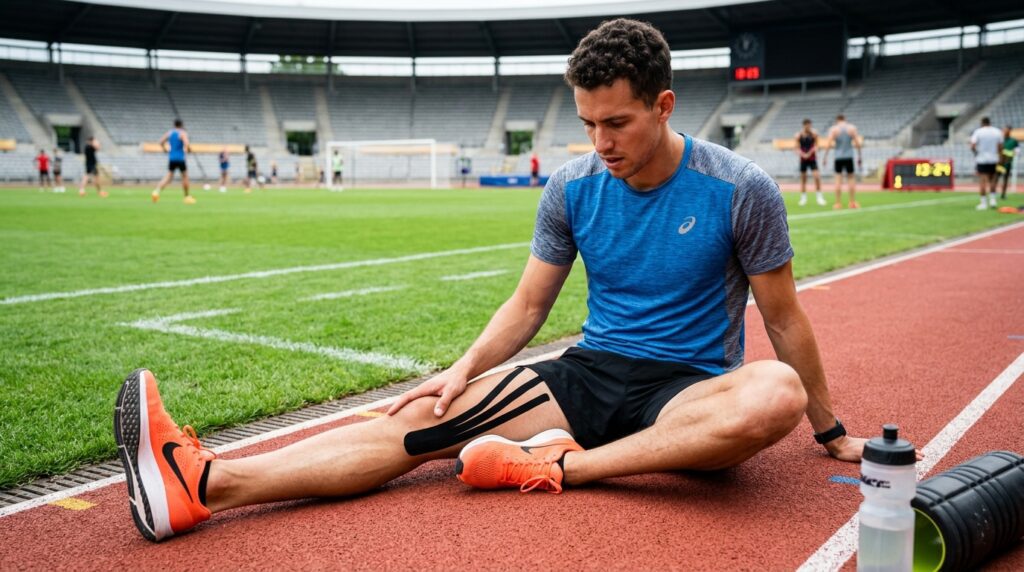 Deportista tomando una pausa para prevenir lesiones por esfuerzo o traumatismos musculares en la zona inguinal.