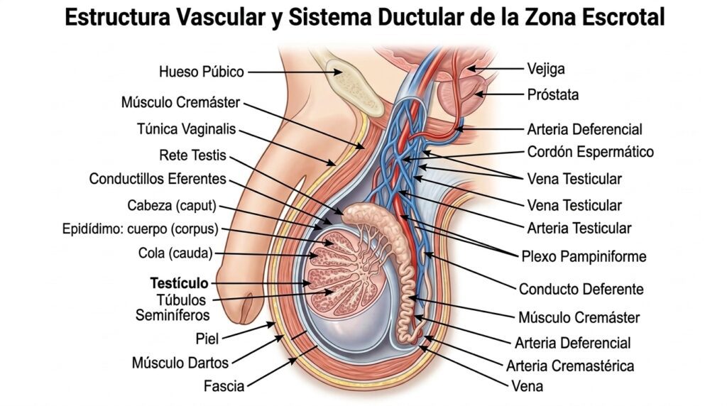 Diagrama médico ilustrativo de la estructura vascular y los conductos del área escrotal.