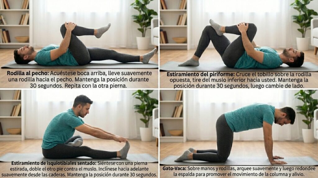 Ejercicios de estiramiento y descompresión para aliviar el nervio ciático.