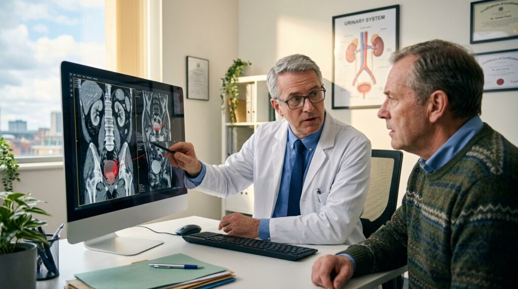 Especialista en urología explicando un diagnóstico mediante estudios de imagen a un paciente masculino.