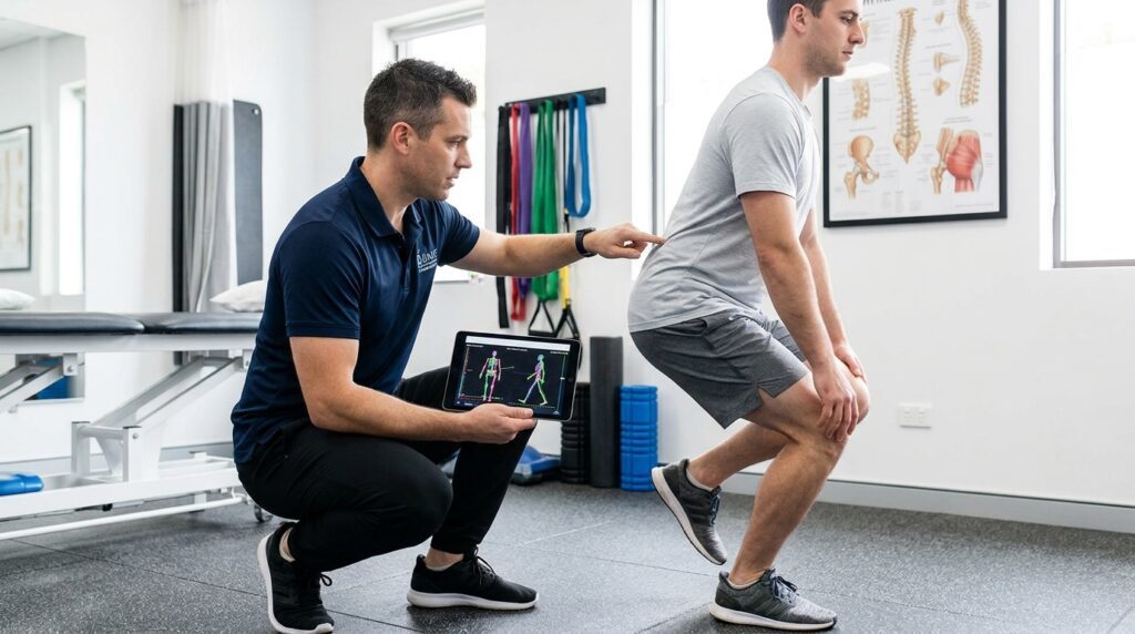 Evaluación biomecánica de la cadera y la columna por un especialista en fisioterapia.