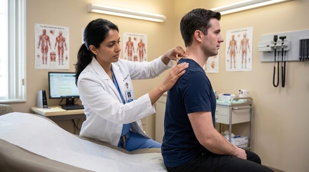 Evaluación reumatológica palpando puntos de sensibilidad en la musculatura cervical y dorsal.