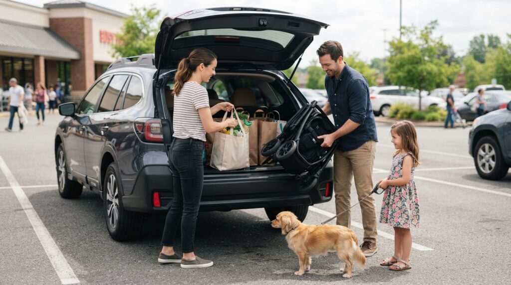 Familia cargando bolsas de mercado y un coche de bebé en la cajuela de una SUV