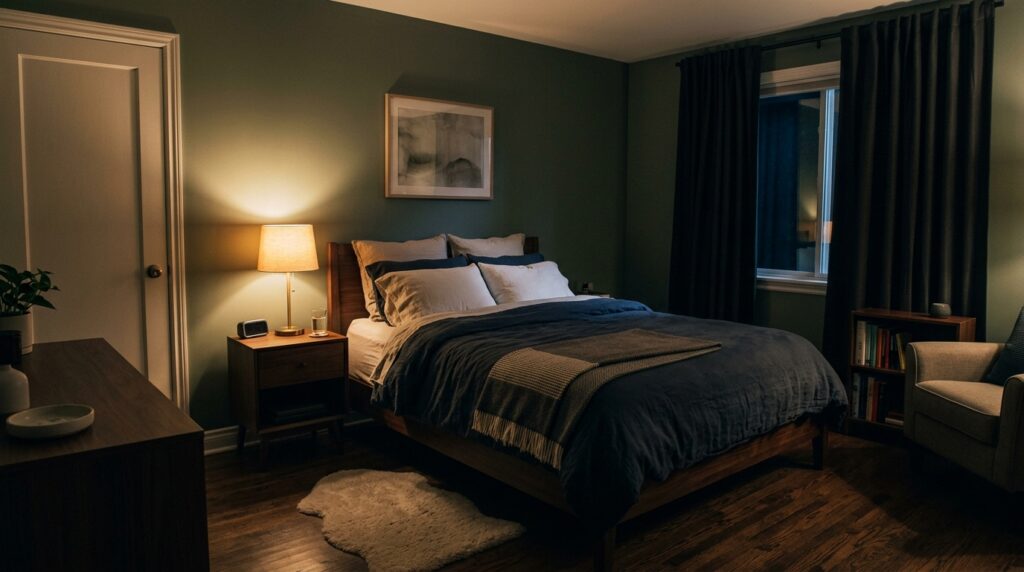 Habitación ordenada con iluminación tenue acondicionada para promover la higiene del sueño.