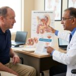 Hombre en consulta médica recibiendo orientación sobre salud urológica