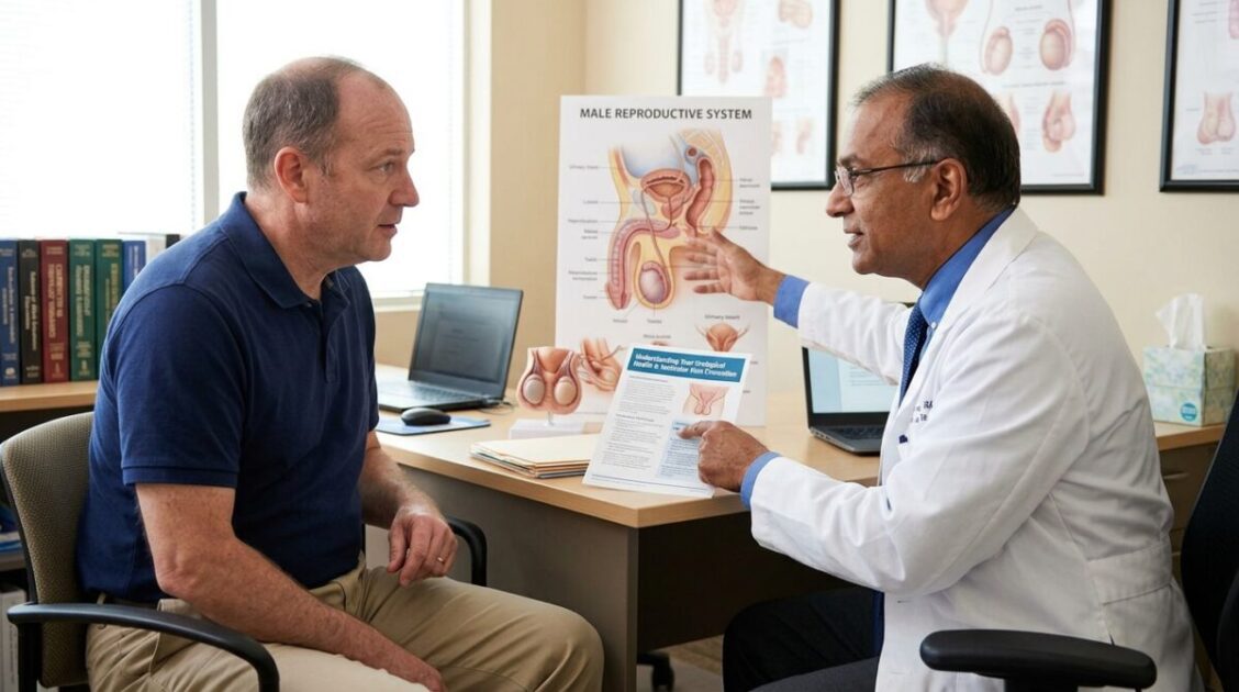 Hombre en consulta médica recibiendo orientación sobre salud urológica