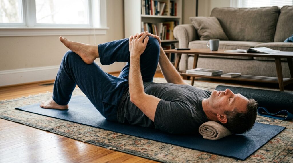 Hombre realizando estiramientos para aliviar la tensión lumbar y la compresión nerviosa irradiada a la ingle.