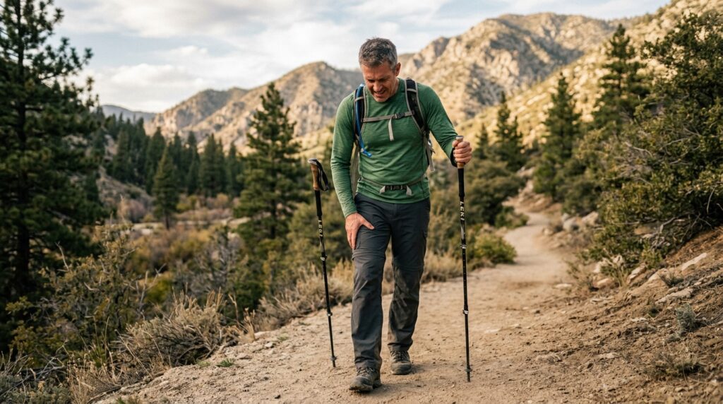 Hombre realizando una caminata al aire libre como ejercicio de bajo impacto para regular el dolor muscular.