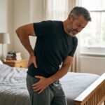 Hombre sintiendo punzadas y dolor del nervio ciático con síntomas irradiados hacia la pierna.
